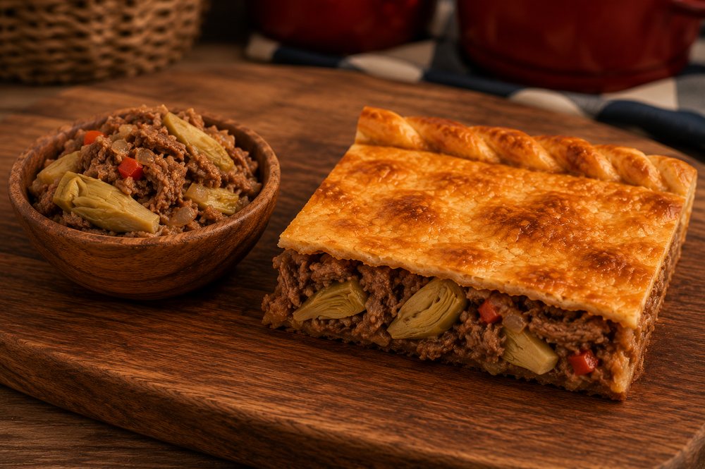 Empanada de ternera con alcachofas, corte
