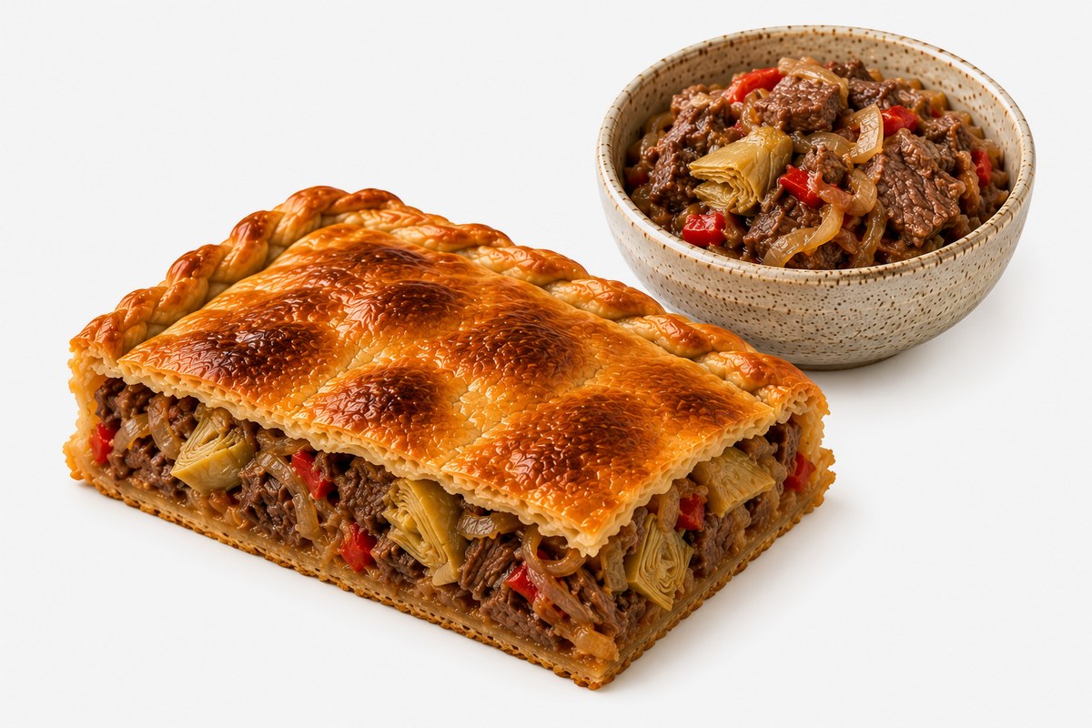 Empanada de ternera con alcachofas, corte